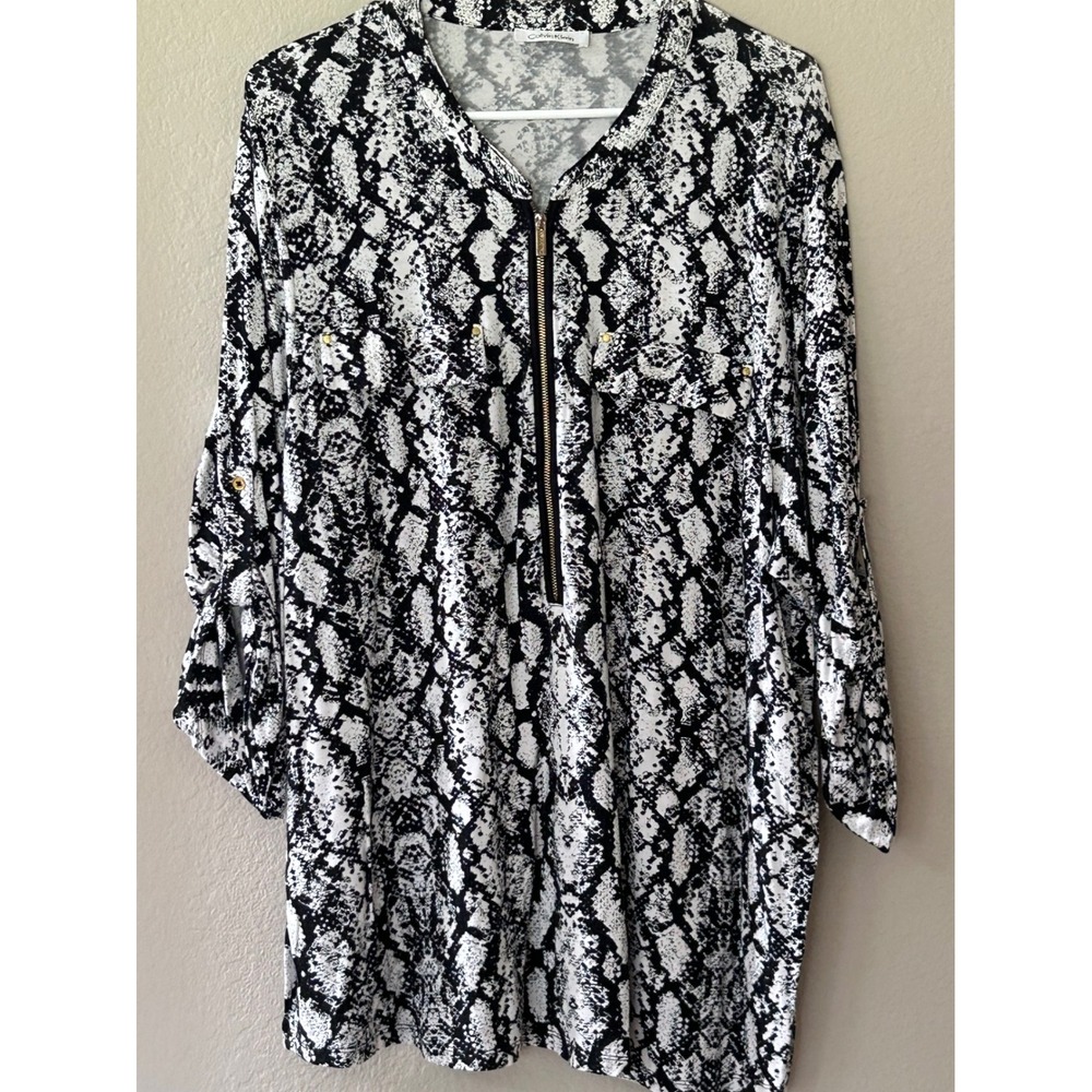 Calvin Klein Snakeskin Print Tunic Top Black White Zip Front Roll Tab Sleeve XL